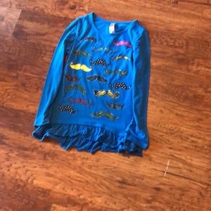Blue Ls shirt with multicolored mustaches